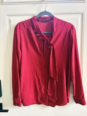 Zara Basic Red Blouse with Black Polka Dots and Tie Neck